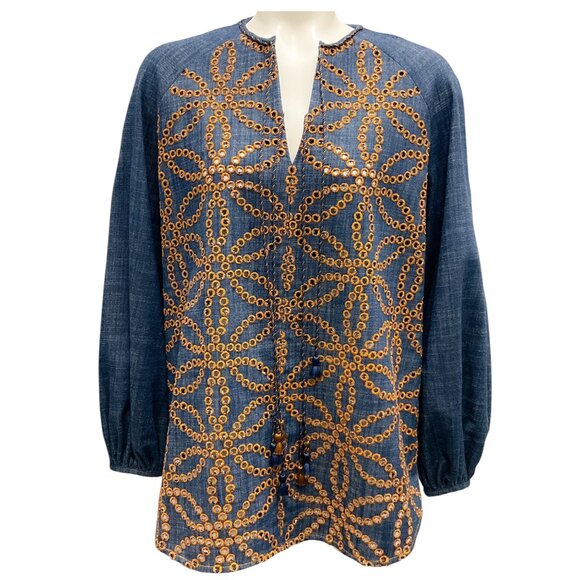 Silvia Tcherassi Dark Blue Denim Chambray Embroidery Vigolene Blouse - Picture 1 of 5